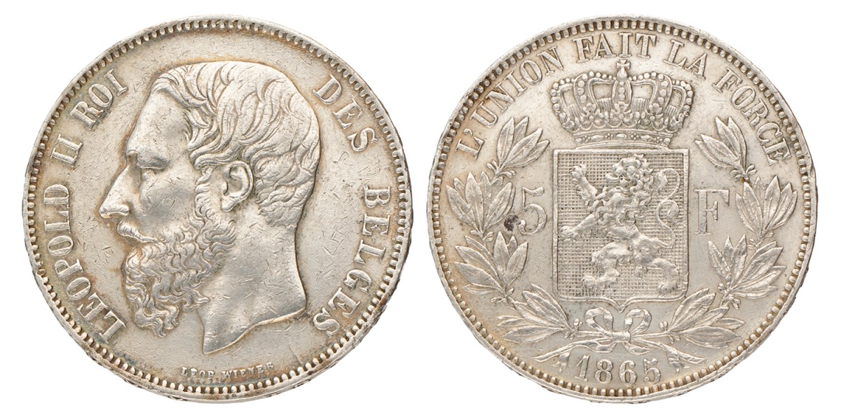 Belgium. Leopold II. 5 Francs. 1865.