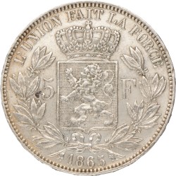 Belgium. Leopold II. 5 Francs. 1865.