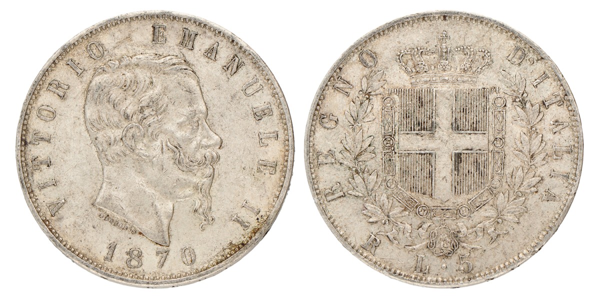 Italy. Kingdom. Vittorio Emanuele II. 5 Lire. 1870.