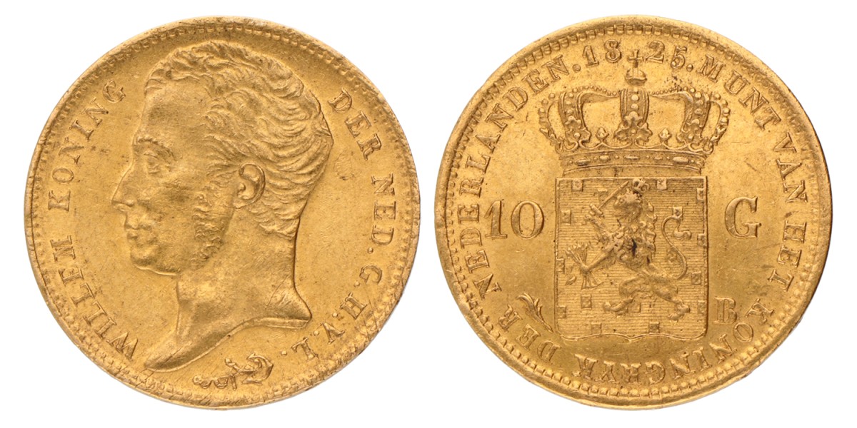 10 Gulden. Willem I. 1825 B. Zeer Fraai.