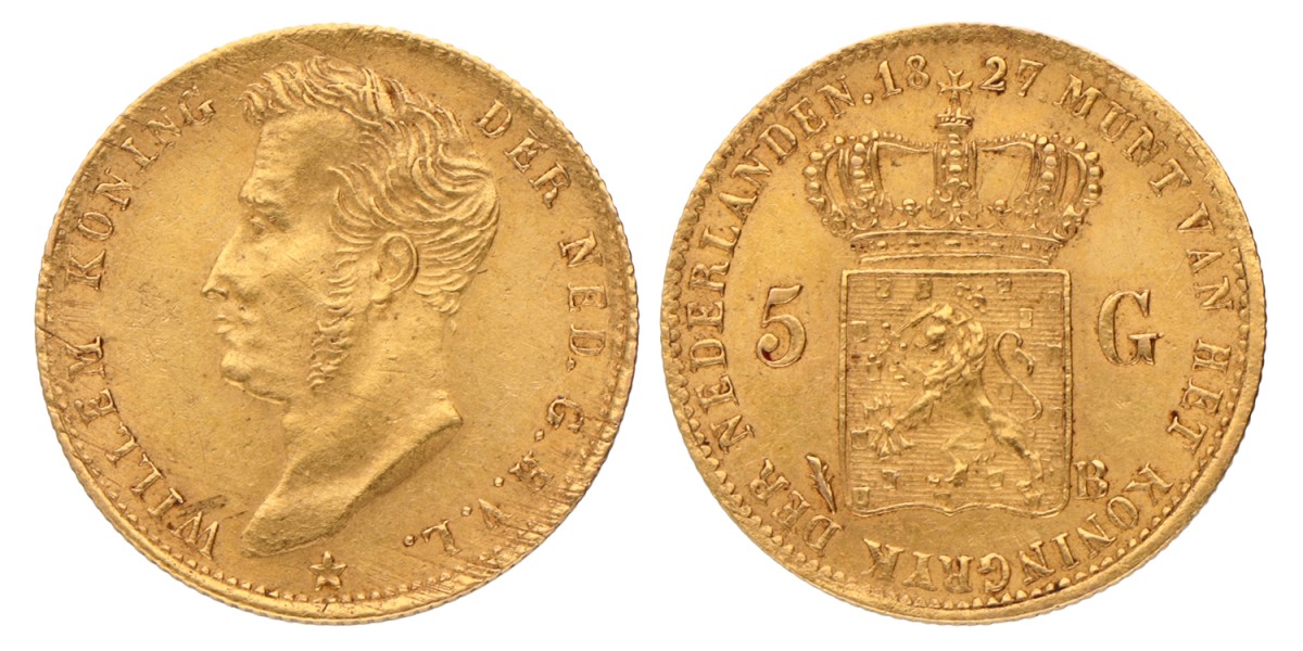 5 Gulden. Willem I. 1827 B. Zeer Fraai.