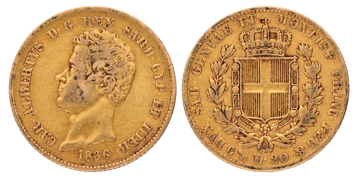 Italian States. Kingdom of Sardinia. Carlo Alberto. 20 Lire. 1836 P.