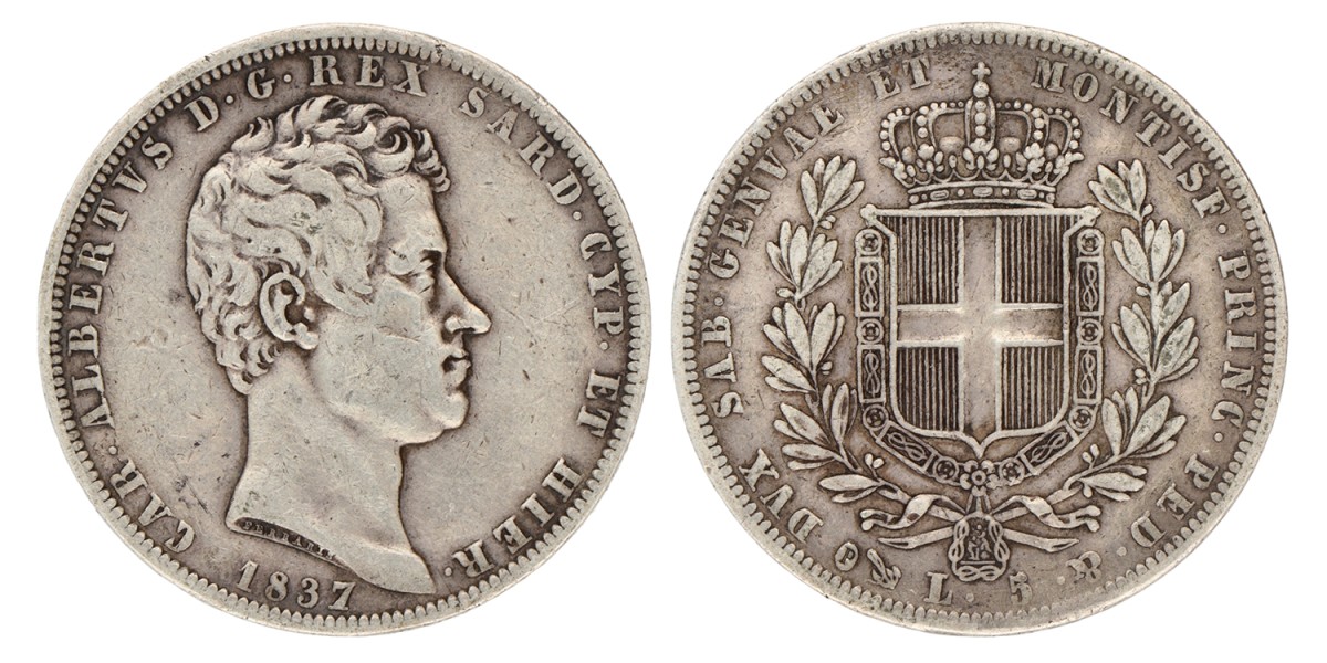Italian states. Kingdom of Sardinia. Carlos Alberto. 5 Lire. 1837 P.