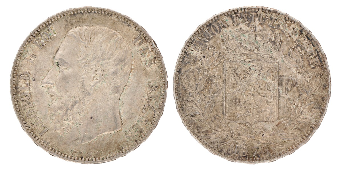 Belgium. Leopold II. 5 Francs. 1875.