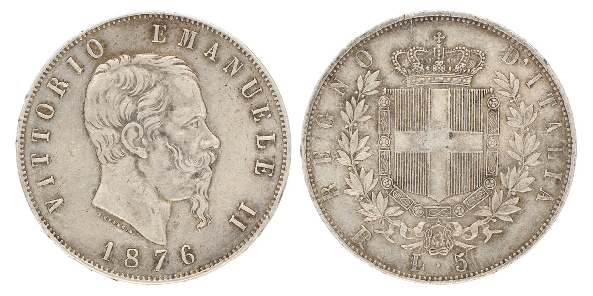 Italy. Kingdom. Vittorio Emanuele II. 5 Lire. 1876 R.