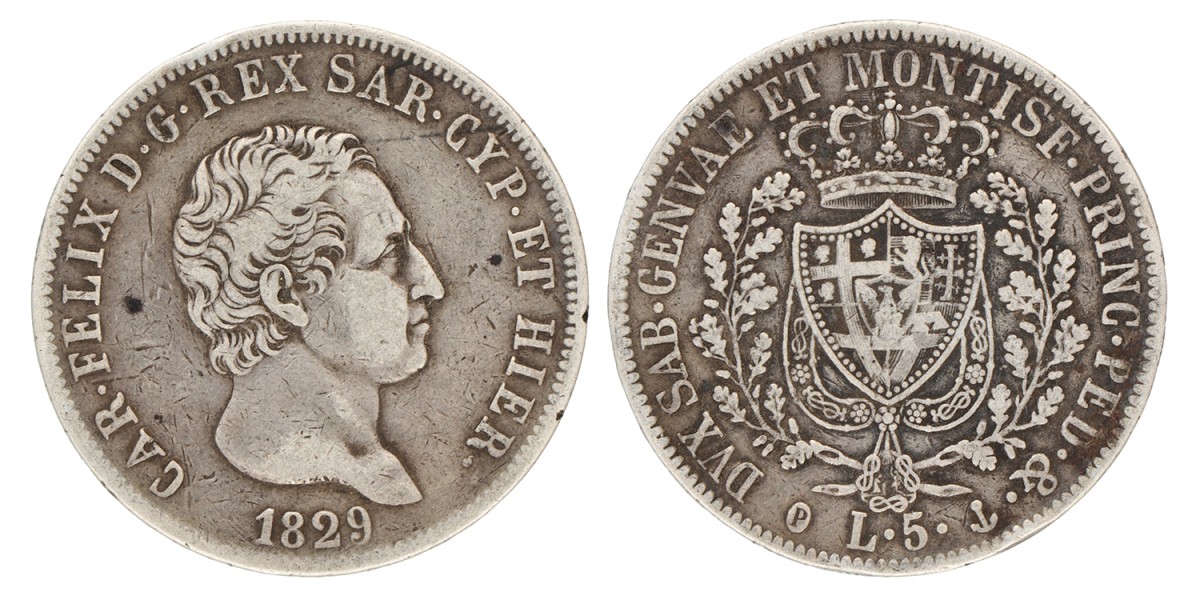 Italian states. Kingdom of Sardinia. Carlo Felice. 5 Lire. 1829 P.