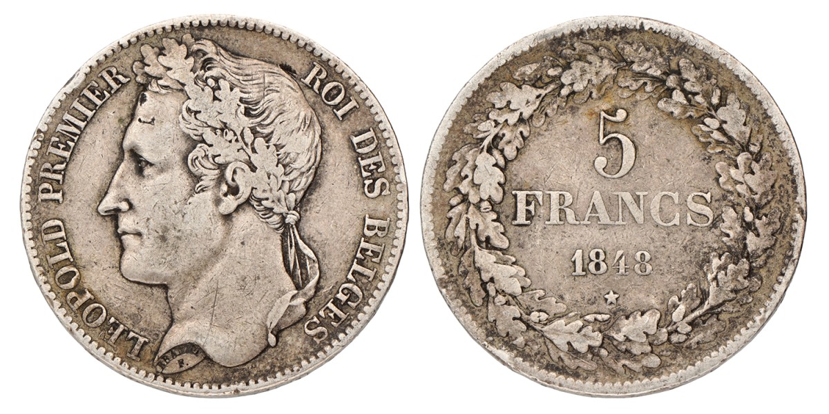 Belgium. Leopold I. 5 Francs. 1848.