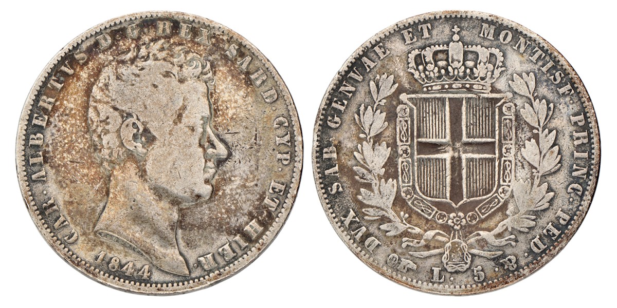 Italian States. Kingdom of Sardinia. Carlo Alberto. 5 Lire. 1844 P.