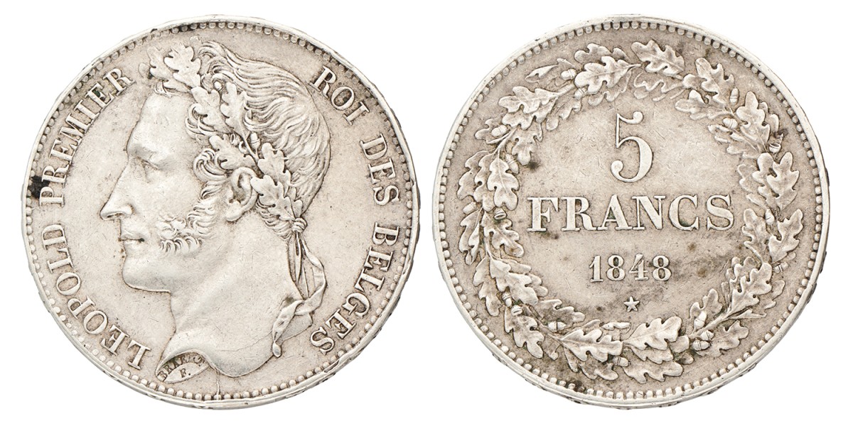 Belgium. Leopold I. 5 Francs. 1848.