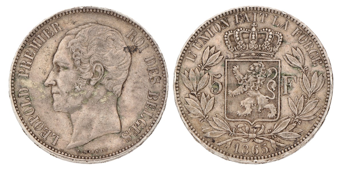 Belgium. Leopold I. 5 Francs. 1865.