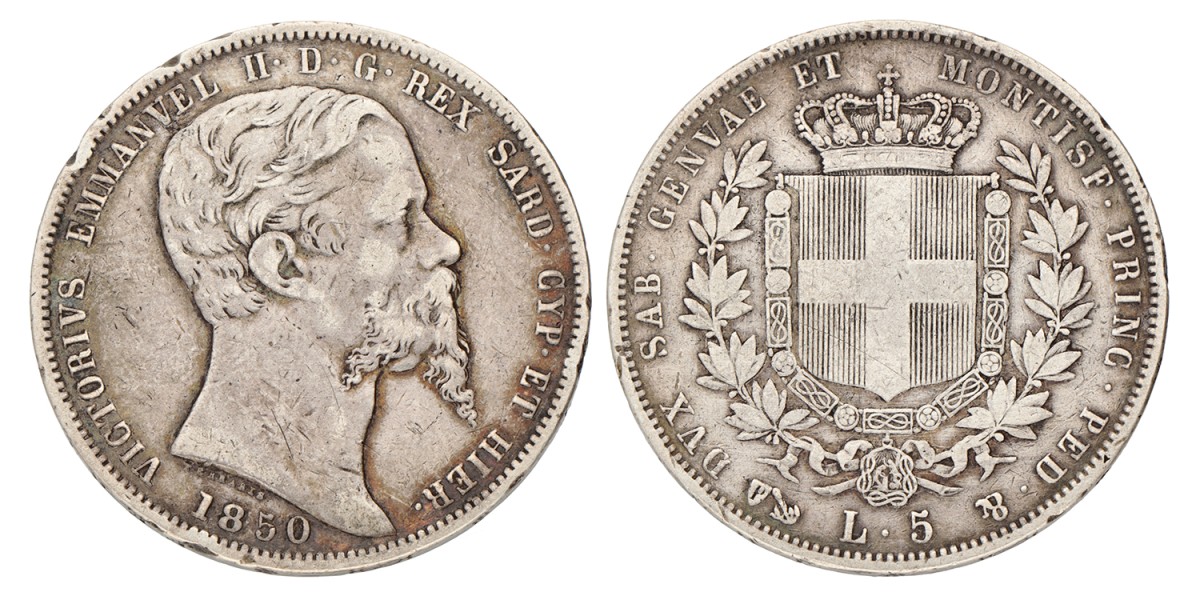 Italian States. Kingdom of Sardinia. Victor Emmanuel II. 5 Lire. 1850 P.