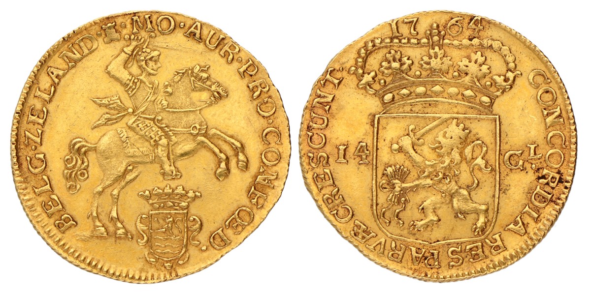 Gouden rijder van 14 gulden. Zeeland. 1764. Zeer Fraai +.