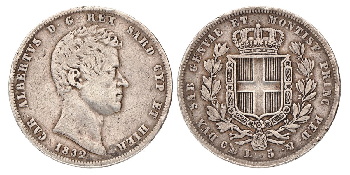 Italian States. Kingdom of Sardinia. Carlo Alberto. 5 Lire. 1832 P.