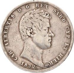Italian States. Kingdom of Sardinia. Carlo Alberto. 5 Lire. 1832 P.