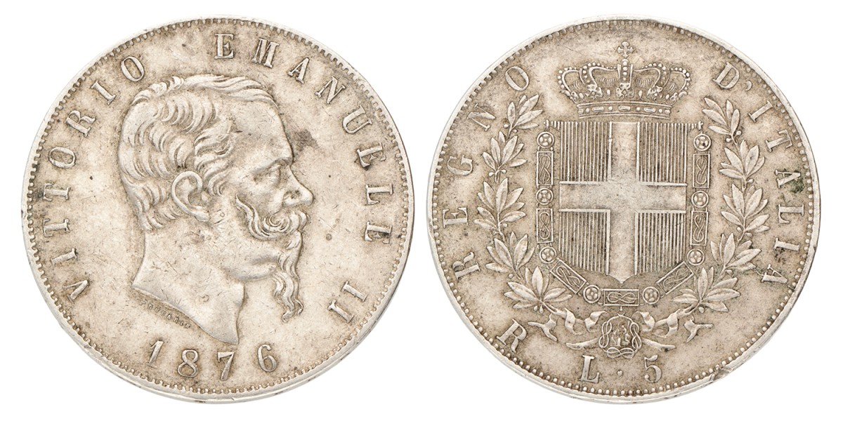 Italy. Kingdom. Vittorio Emanuele II. 5 Lire. 1876 R.