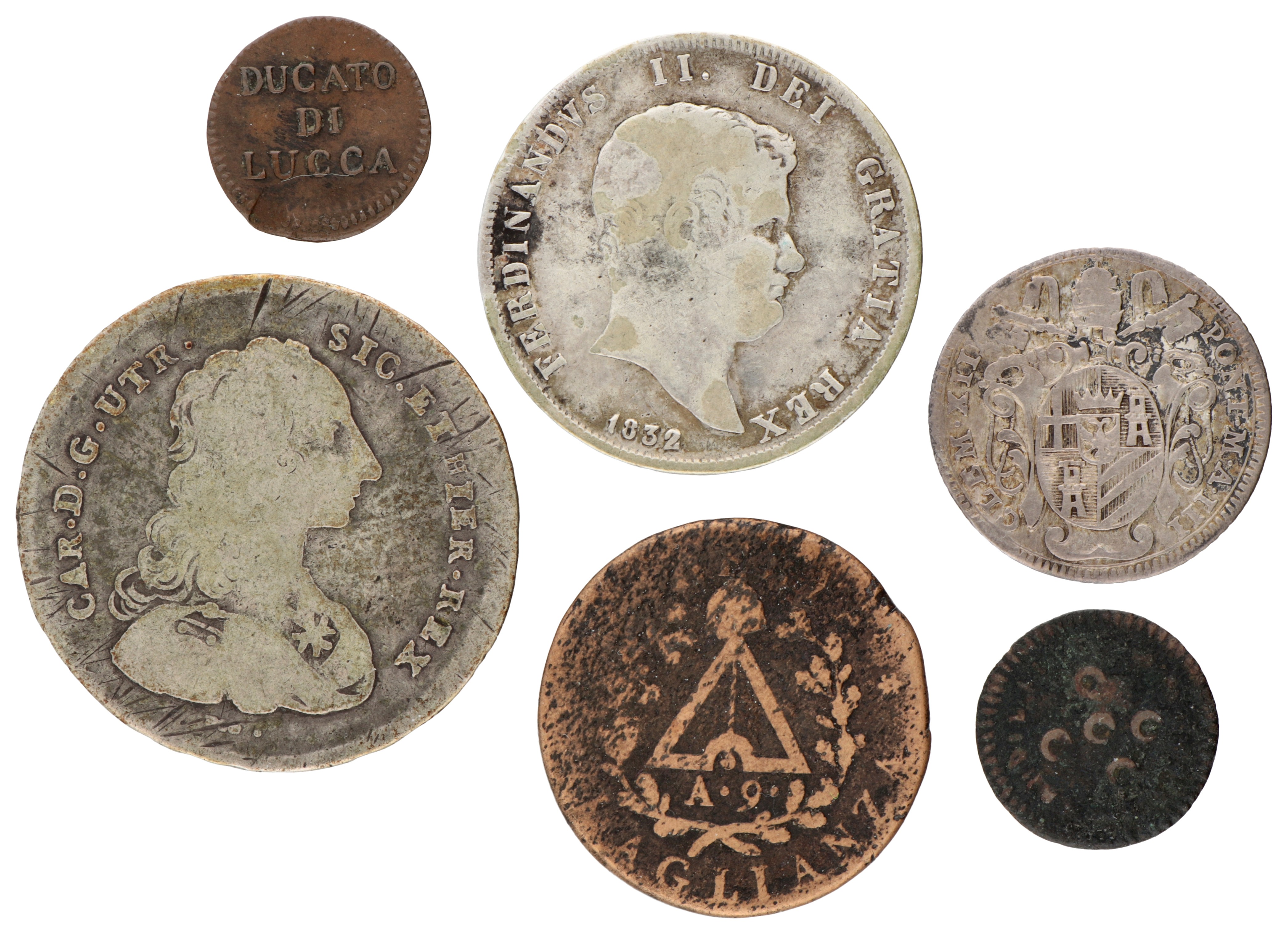 Italian states. A.o. Sicily, Piedmont. Lot (6) silver and copper coins. 18th and 19th century.