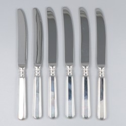 Robbe & Berking 6-delige set taartmessen / fruitmessen, model Alt-Spaten, zilver.