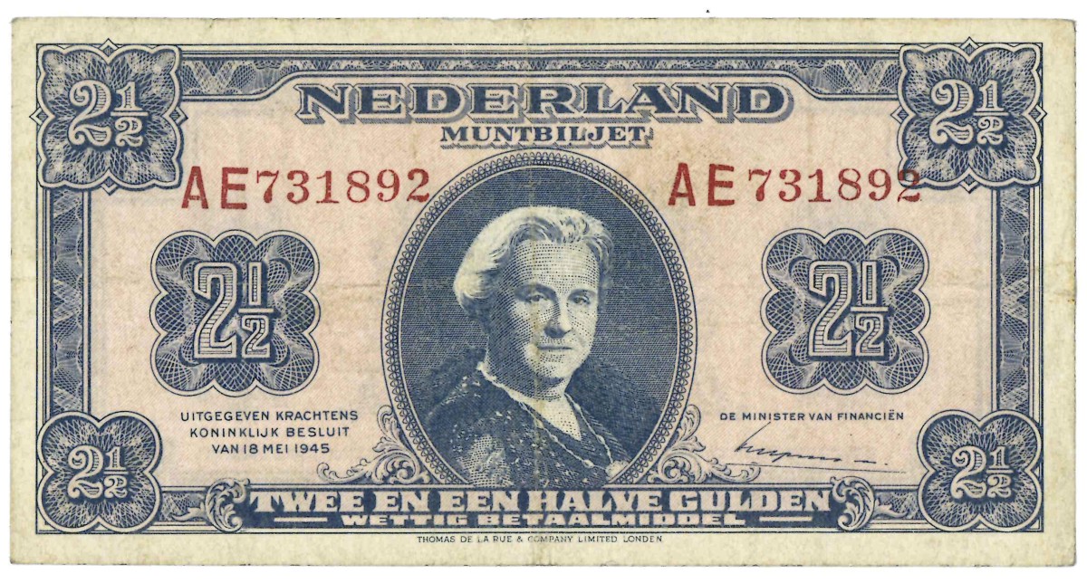 Nederland. 2½ gulden. Muntbiljet. Type 1945. - Zeer Fraai.