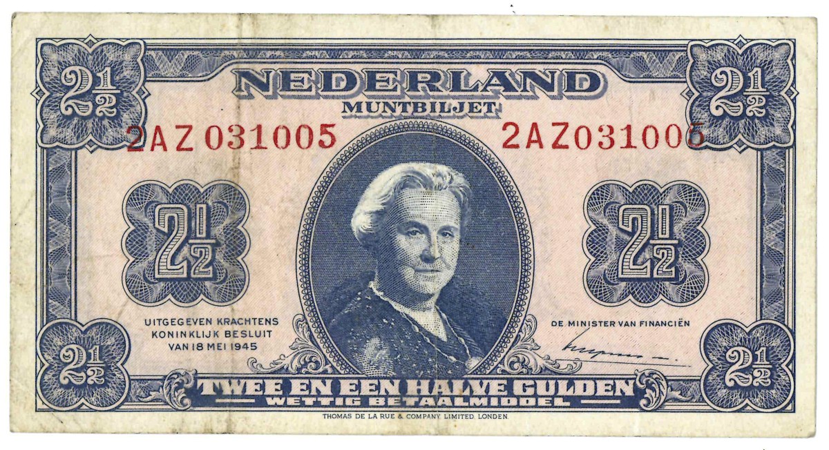 Nederland. 2½ gulden. Muntbiljet. Type 1945. - Zeer Fraai.