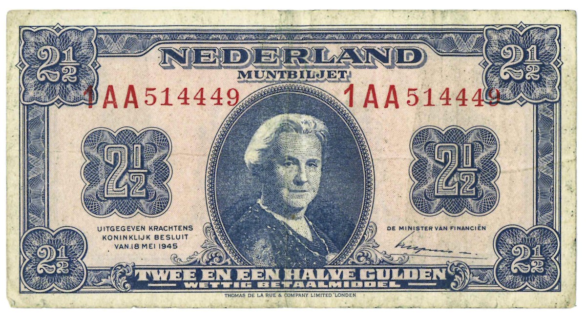 Nederland. 2½ gulden. Muntbiljet. Type 1945. - Zeer Fraai.