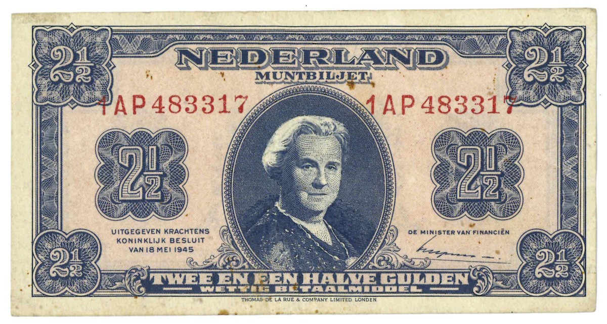 Nederland. 2½ gulden. Muntbiljet. Type 1945. - Zeer Fraai.