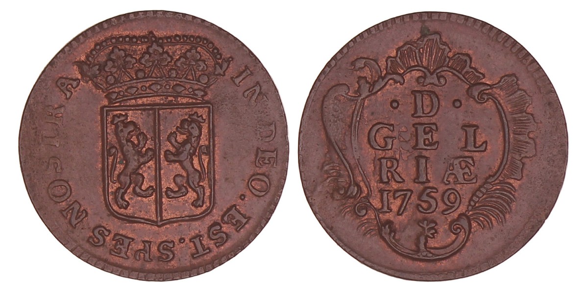 Achtste Stuiver of Duit Gelderland 1759. Prachtig.