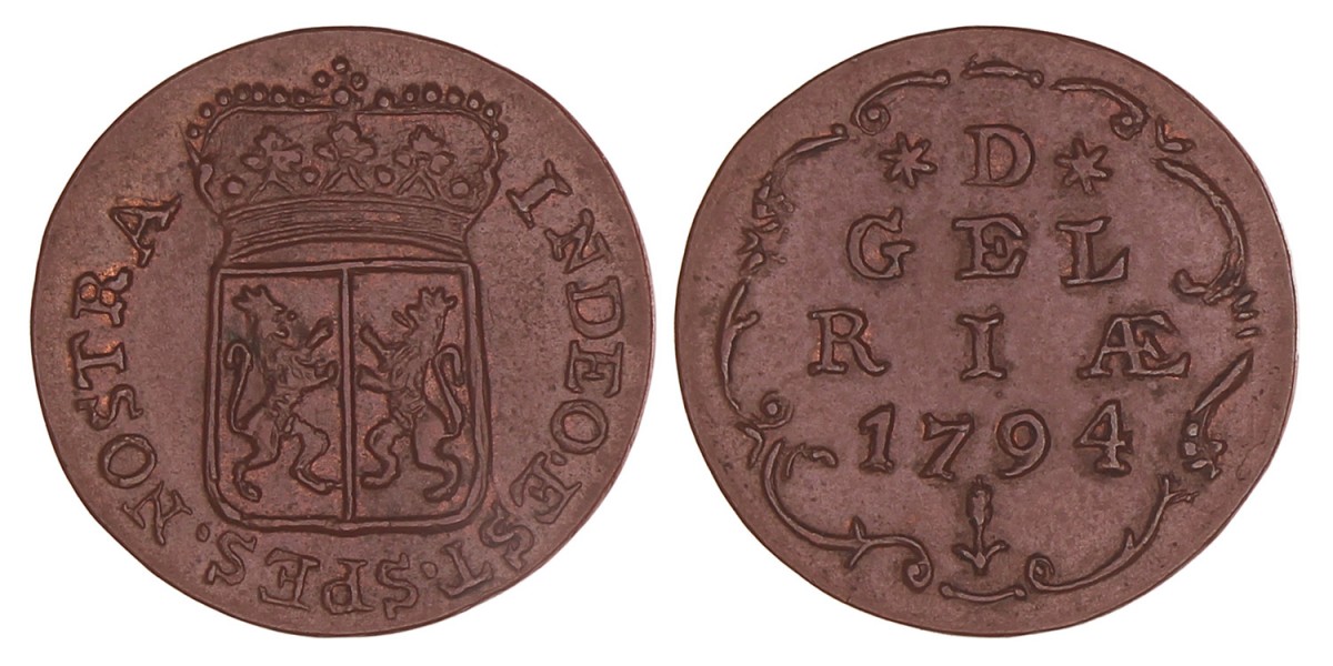 Achtste Stuiver of Duit Gelderland 1794. Prachtig.