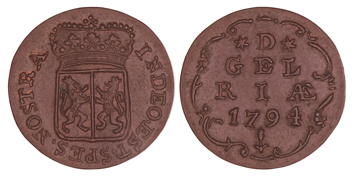 Achtste Stuiver of Duit Gelderland 1794. Prachtig.