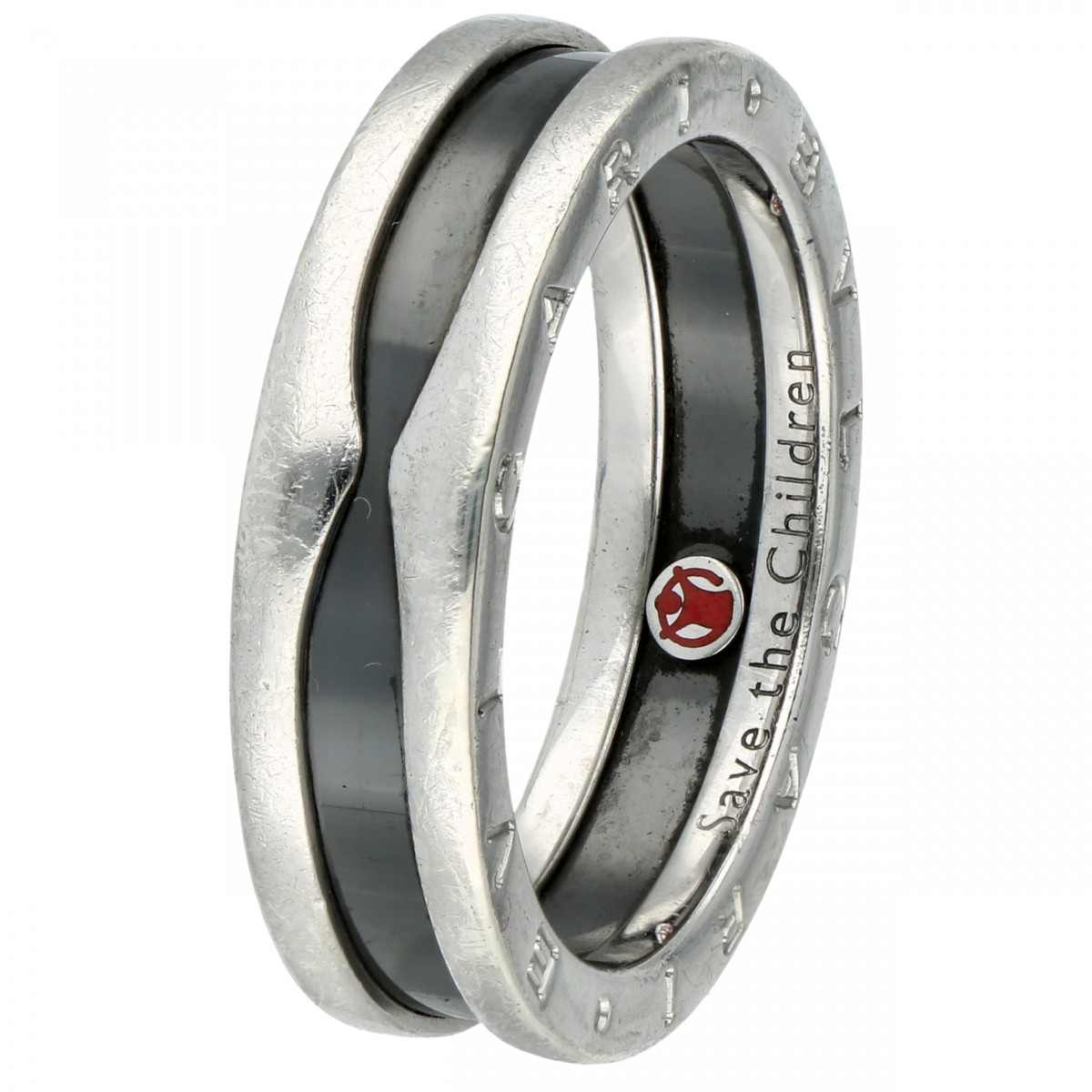 Zilveren Bvlgari Save the Children ring met zwart keramiek - 925/1000.