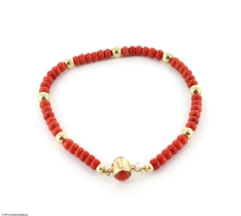 1 rijig bloedkoralen armband, 14 karaat