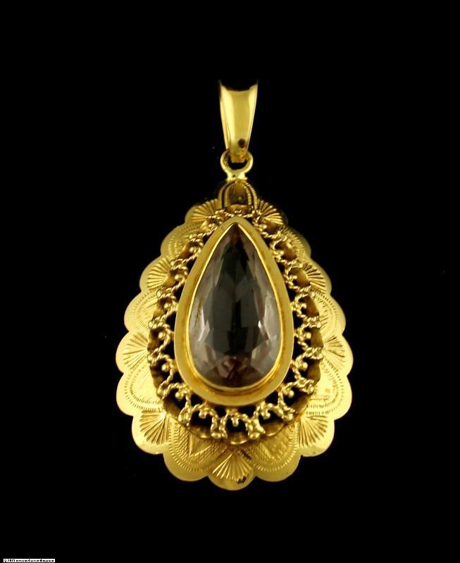Geelgouden hanger bezet met rose siersteen, 14 karaat
