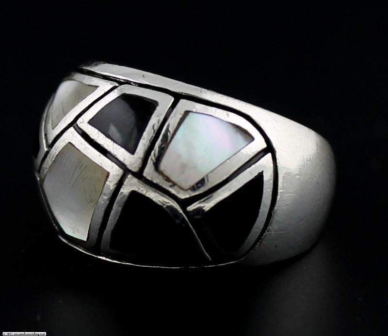 Zilveren Ring Art Deco Met Ingelegd Turkooijs en Parelmoer