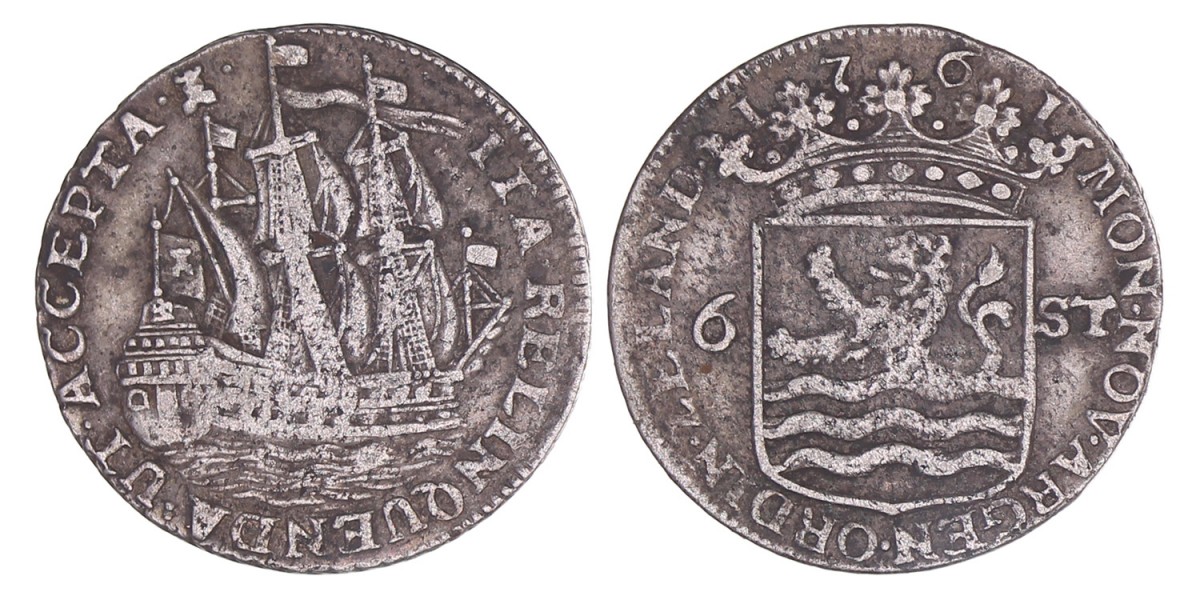 Scheepjesschelling van 6 stuiver Zeeland 1761. Fraai +.
