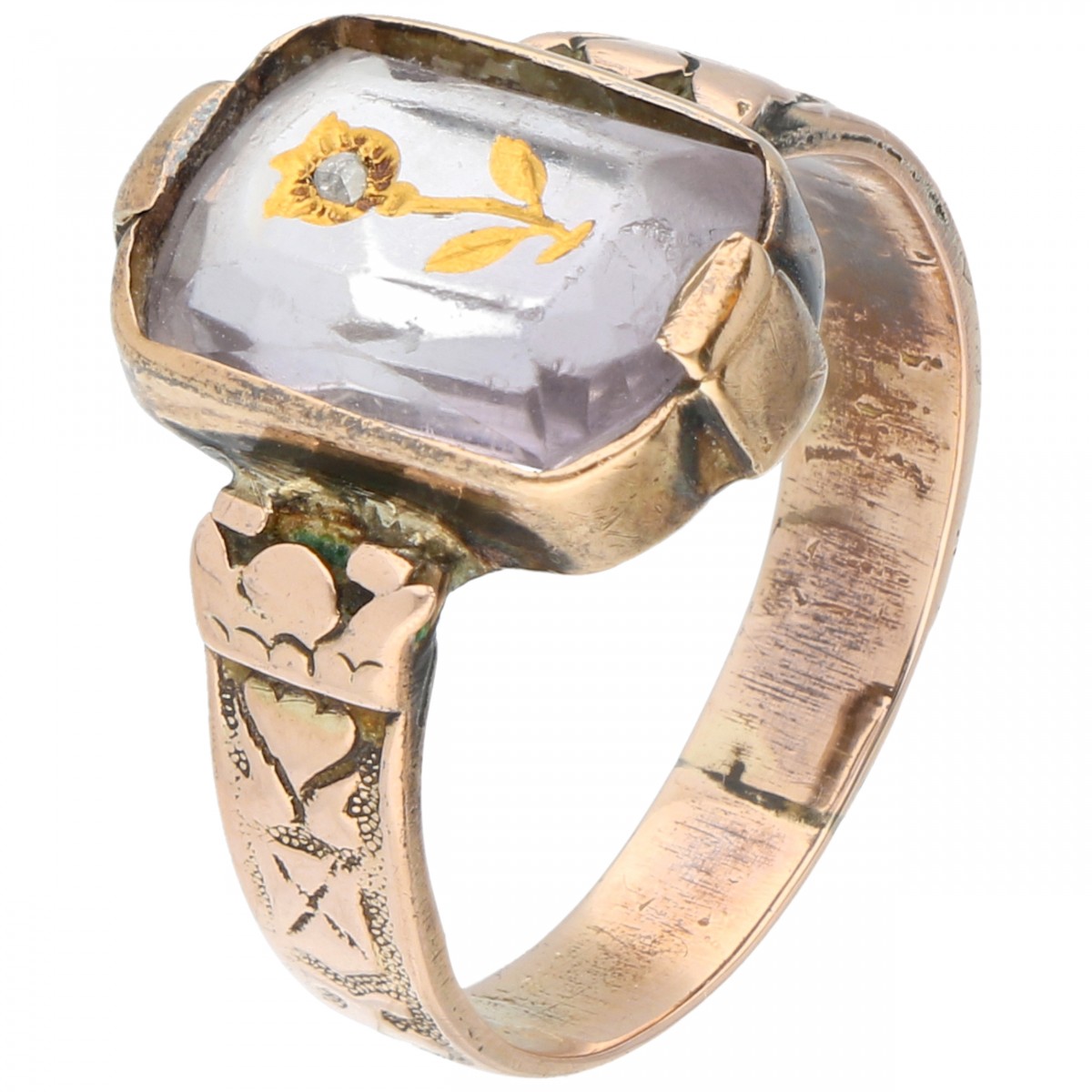 Antieke rosegouden solitair ring, met paarse steen - BWG 10 kt.