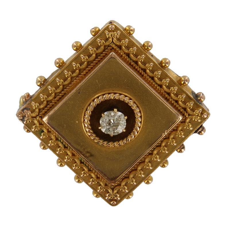 Geelgouden broche bezet met een briljant geslepen diamant, 14 karaat