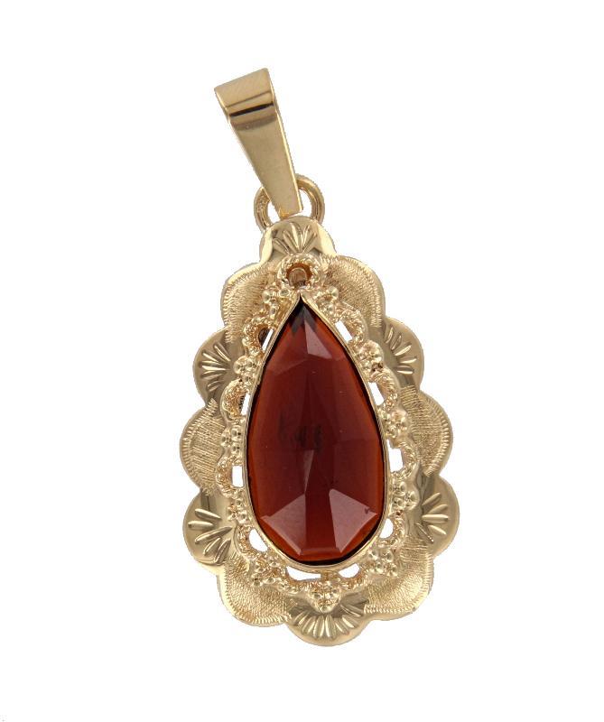 Geelgouden hanger bezet met glasgranaat, 14 karaat