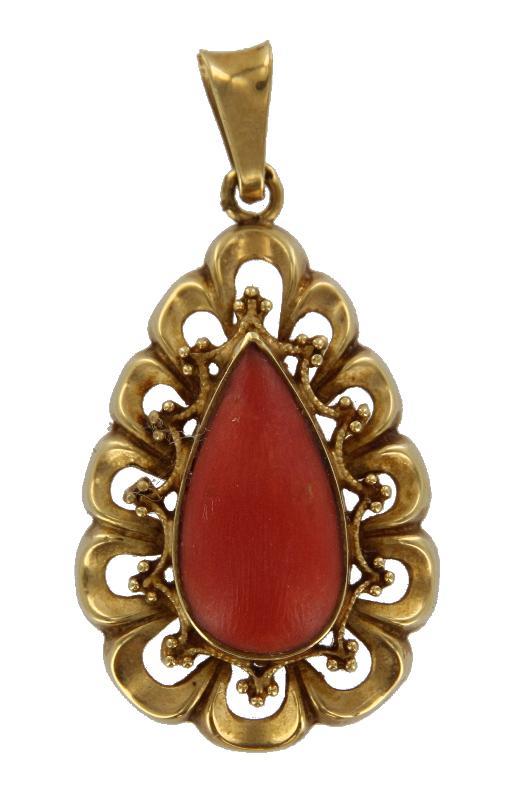 Geelgouden hanger, bezet met bloedkoraal, 14 karaat