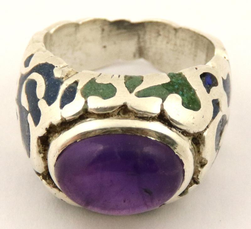 Zilveren geemailleerde ring bezet met amethist