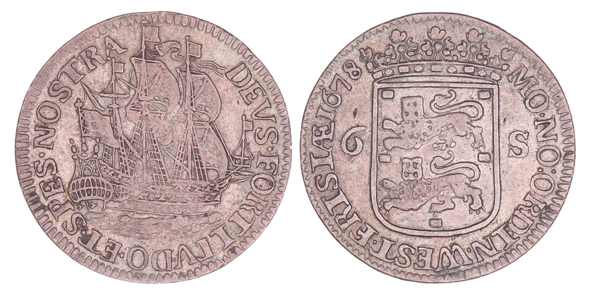 6 Stuiver of scheepjesschelling Enkhuizen 1678. Zeer Fraai.