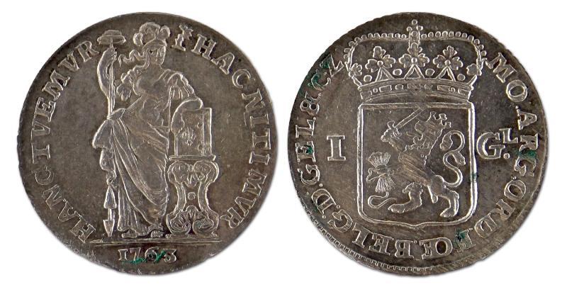 1 gulden. Gelderland. 1763. Zeer Fraai / Prachtig. 