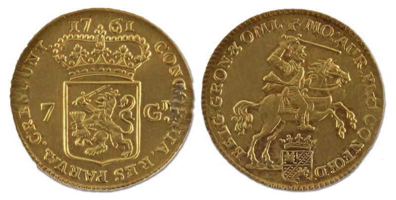 7 gulden of halve gouden rijder. Groningen en Ommelanden. 1761. Zeer Fraai / Prachtig (montage). 