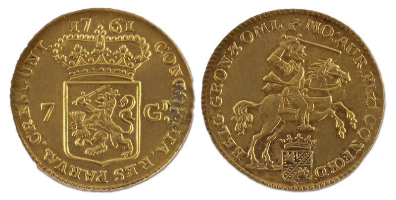 7 gulden of halve gouden rijder. Groningen en Ommelanden. 1761. Zeer Fraai / Prachtig (montage). 