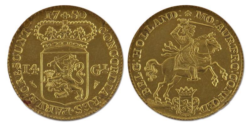 14 gulden of gouden rijder. Holland. 1750. Zeer Fraai (montage). 