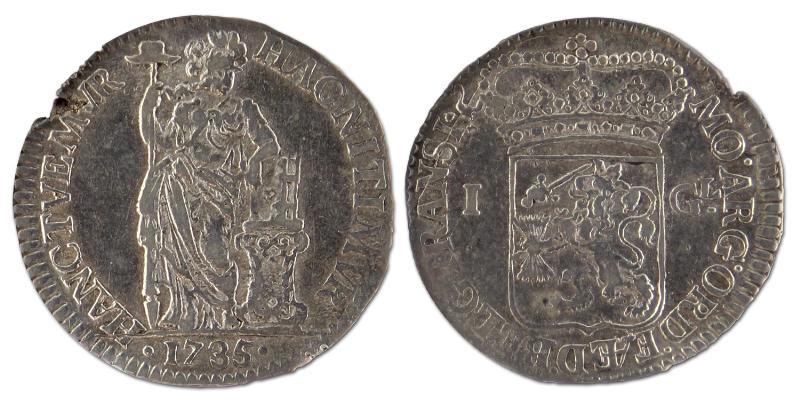 1 gulden. Overijssel. 1735. Fraai / Zeer Fraai (tik in rand). 