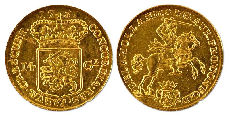 Gouden rijder van 14 gulden. Utrecht. 1751. Zeer Fraai / Prachtig. 