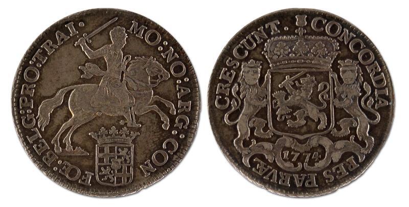 Halve dukaton of zilveren rijder. Utrecht. 1774. Zeer Fraai +. 