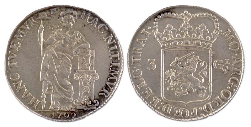 3 gulden. Utrecht. 1792. Prachtig. 