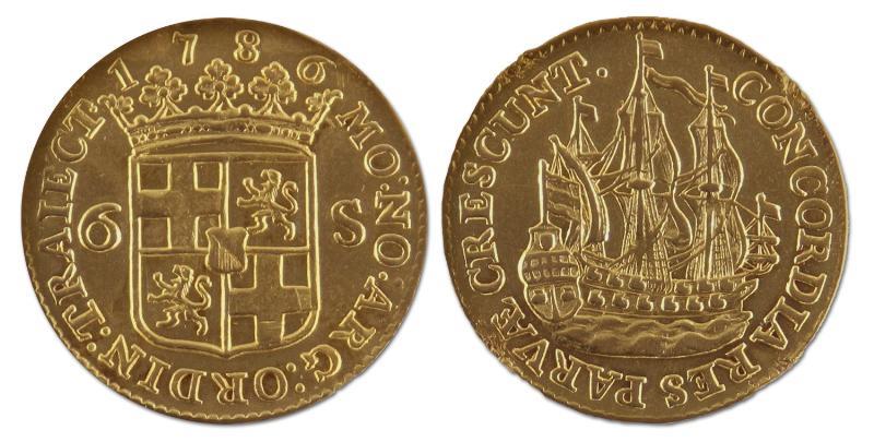 6 stuiver scheepjesschelling afslag in goud. Utrecht. 1786. Zeer Fraai. 