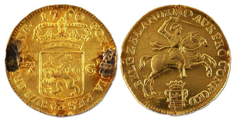 Halve gouden rijder van 7 gulden. Zeeland. 1760. Zeer Fraai (montage). 