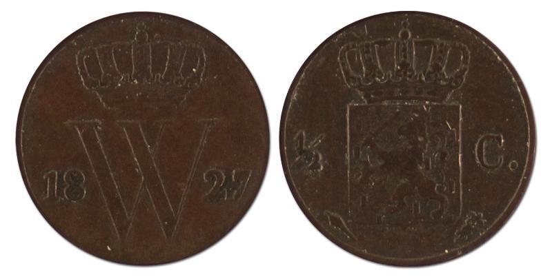 1/2 cent. Willem I. 1827 U. Zeer Fraai. 